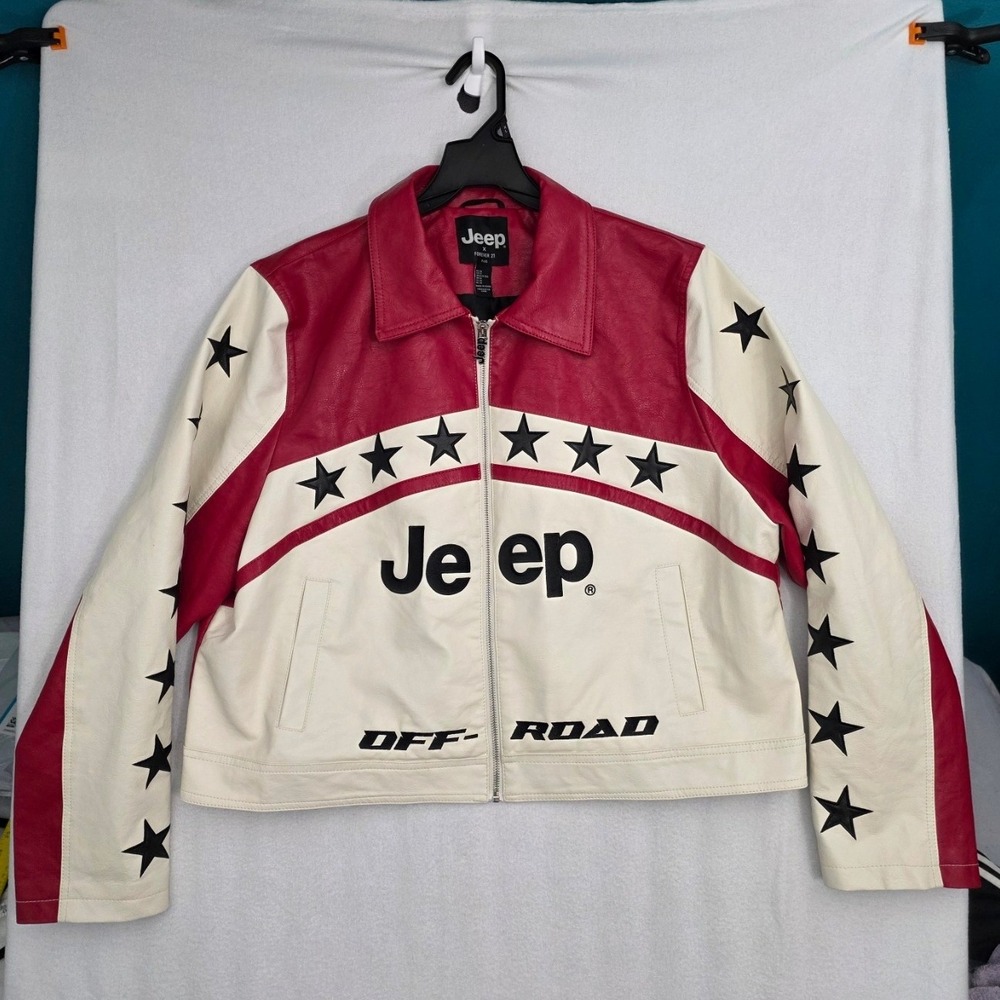 Forever 21 Jeep Moto Jacket 3X Red Faux Leather Star Racing Off-Road Streetwear